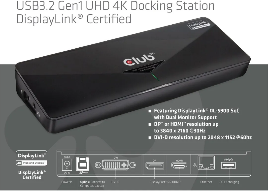 Club3D CSV-3103D USB-A Docking Station 5Gbps - Zwart
