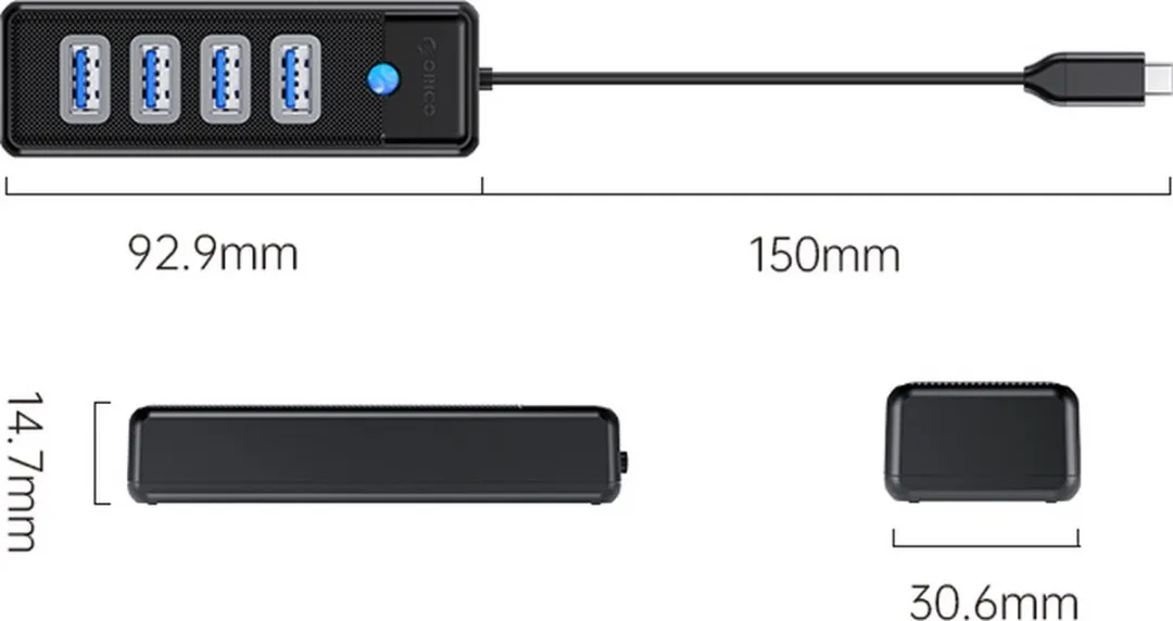 ORICO PW4U-C3-015-BK USB 3.0 Hub - 4x USB-A - Zwart