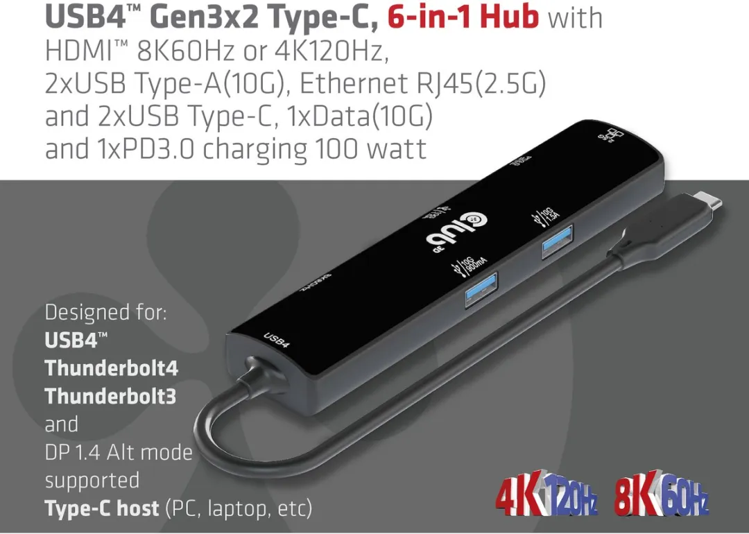 Club3D CSV-1599 USB-C 6-in-1 Hub - 8K60Hz/4K120Hz - 2x USB-A 10Gbps - Zwart
