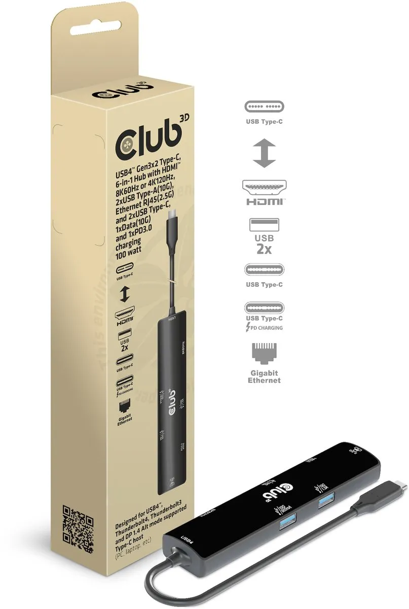 Club3D CSV-1599 USB-C 6-in-1 Hub - 8K60Hz/4K120Hz - 2x USB-A 10Gbps - Zwart