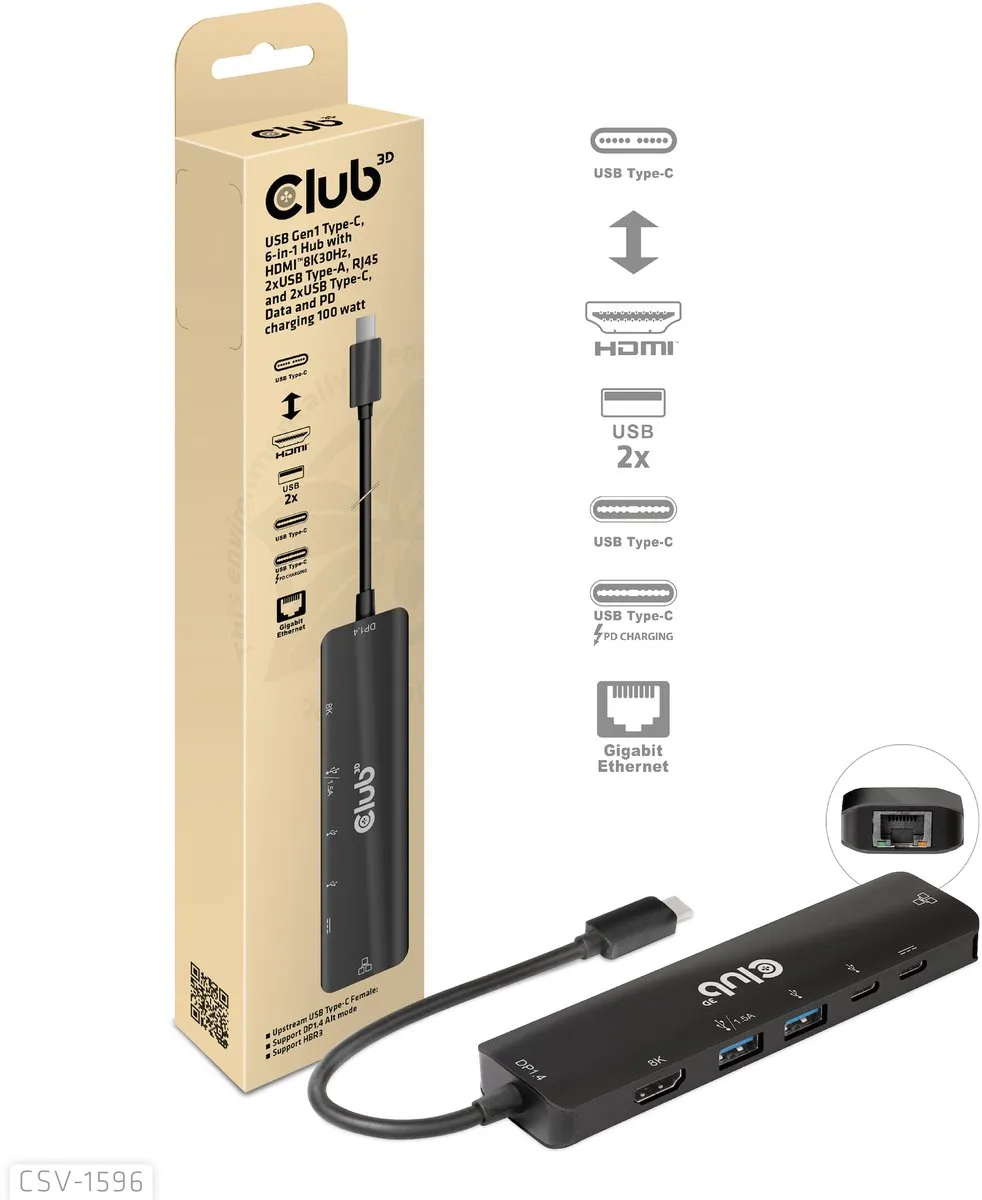 Club3D CSV-1596 USB-C 6-in-1 Hub - HDMI 8K - RJ45 - Zwart