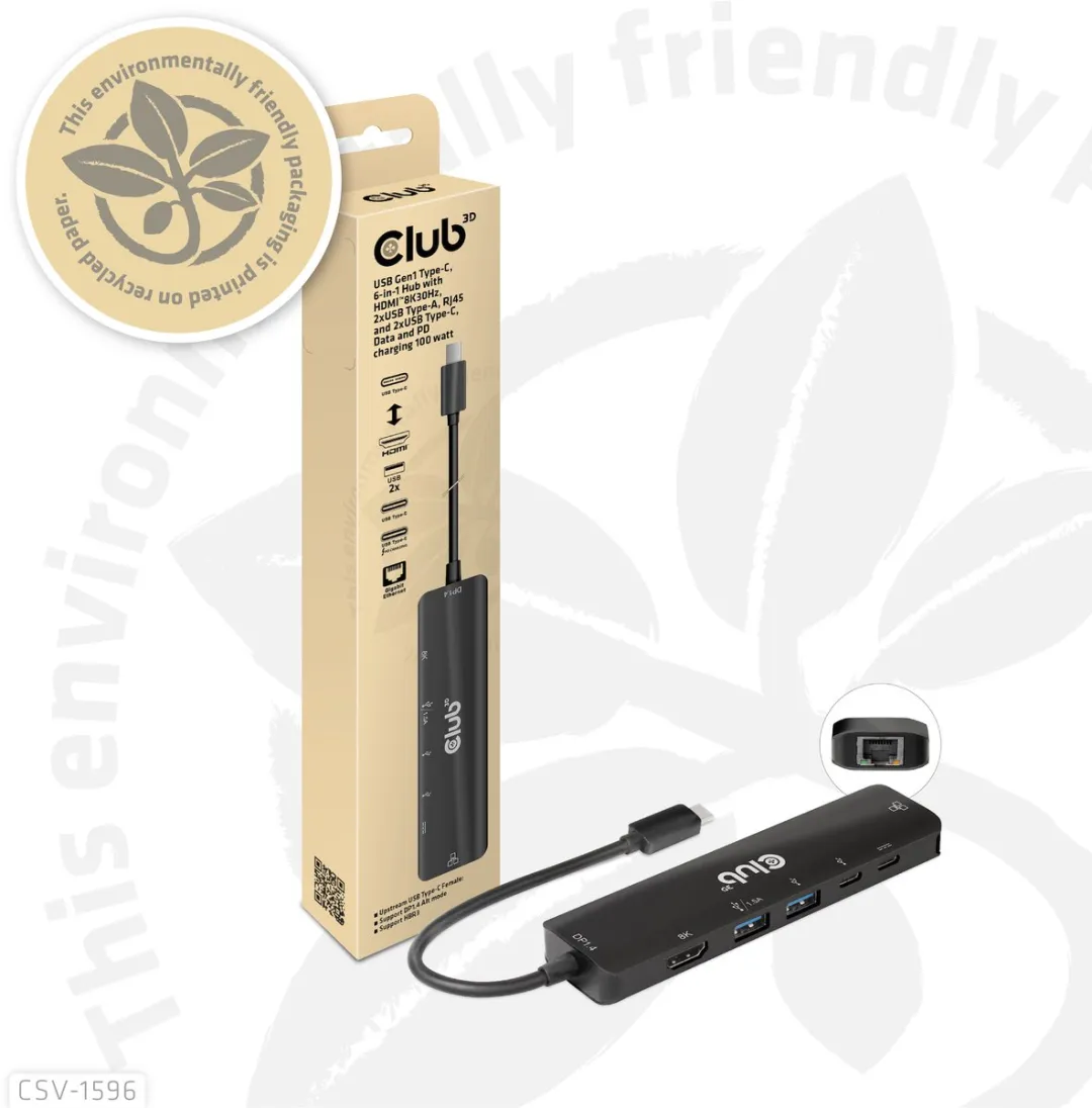 Club3D CSV-1596 USB-C 6-in-1 Hub - HDMI 8K - RJ45 - Zwart