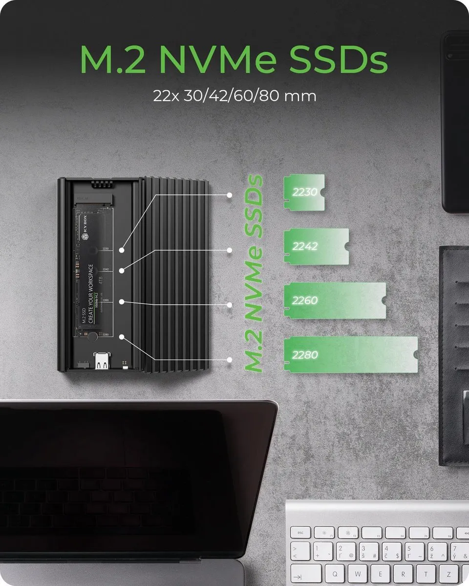 Icy Box IB-1917M-C32a M.2 NVMe SSD Behuizing - USB 3.2 Gen 2x2 - Zwart