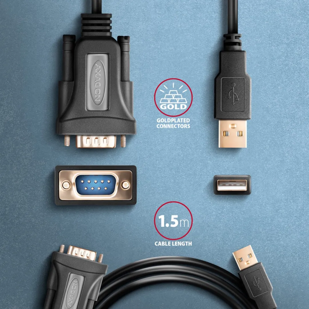 Axagon ADS-1PQN USB 2.0 Adapterkabel RS-232 - 1.5m - Zwart - afbeelding 6 van 6