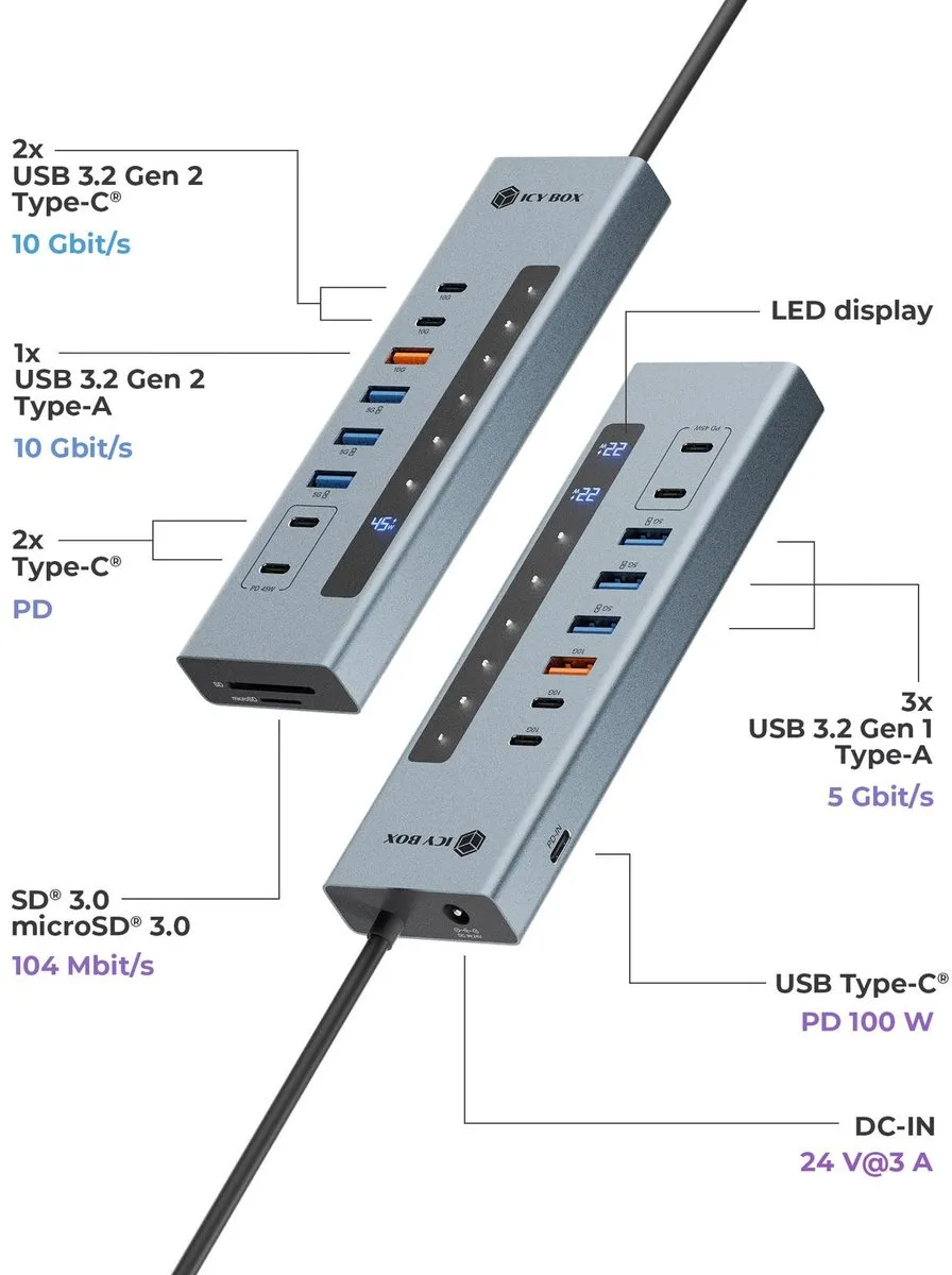 Icy Box IB-HUB1742CR-C2PD USB Hub 11 Poorten - 10Gbps Zwart