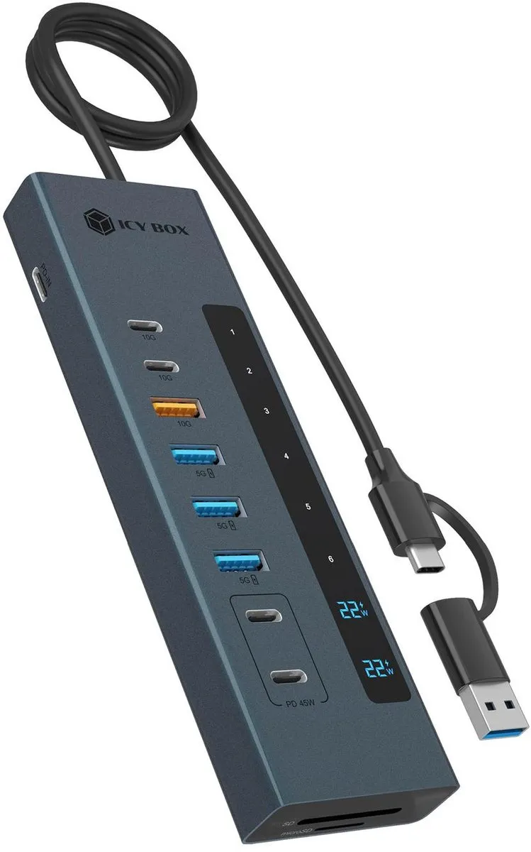 Icy Box IB-HUB1742CR-C2PD USB Hub 11 Poorten - 10Gbps Zwart