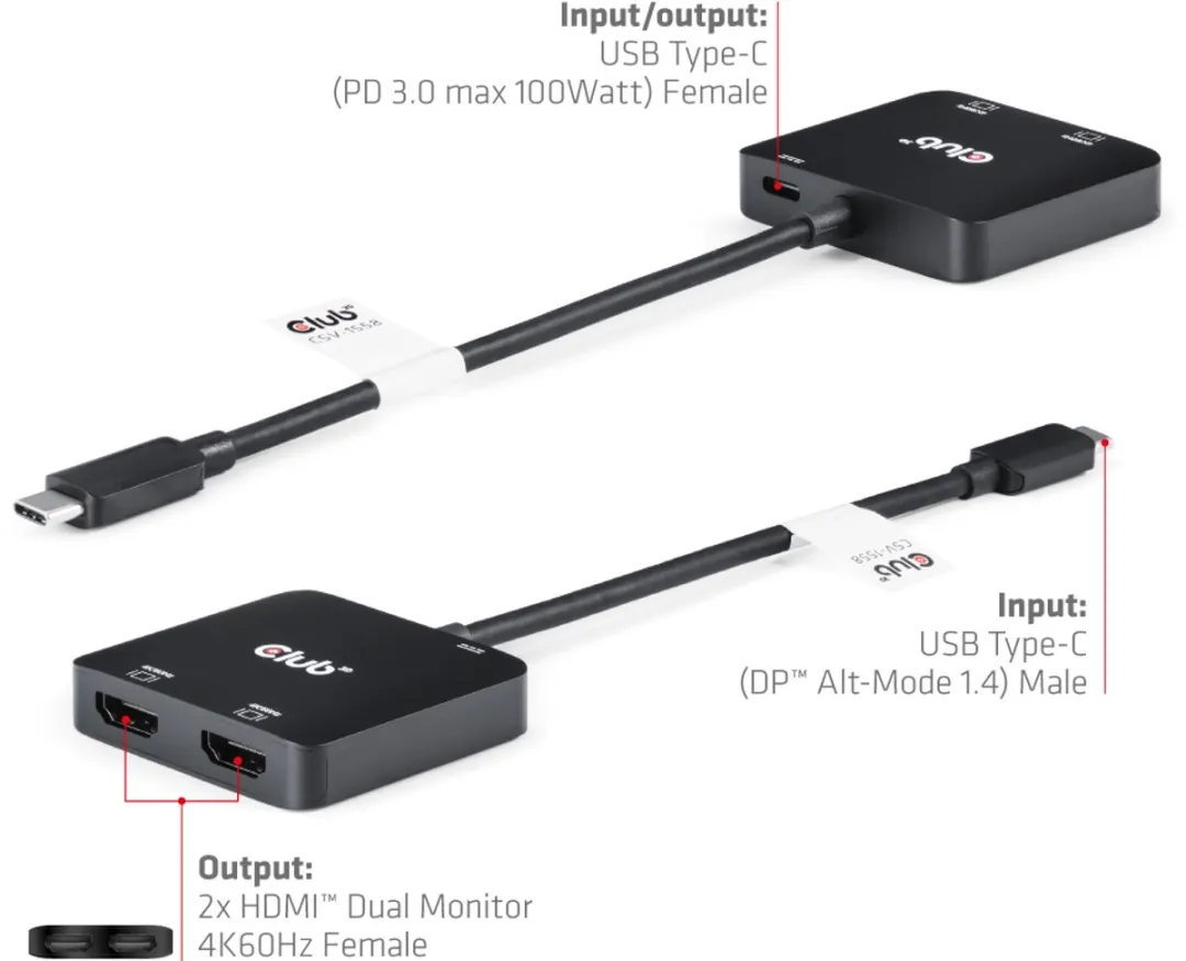 Club3D CSV-1558 USB-C Hub - 2x HDMI 4K60Hz 100W - Zwart - afbeelding 5 van 6