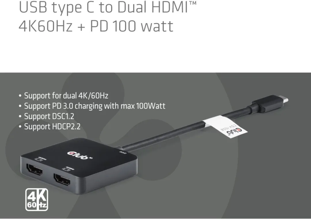 Club3D CSV-1558 USB-C Hub - 2x HDMI 4K60Hz 100W - Zwart - afbeelding 6 van 6