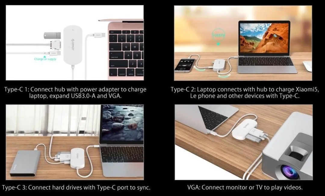 ORICO ORI-TCV1-WH 3-in-1 Type-C Hub - USB 3.0/VGA - Wit