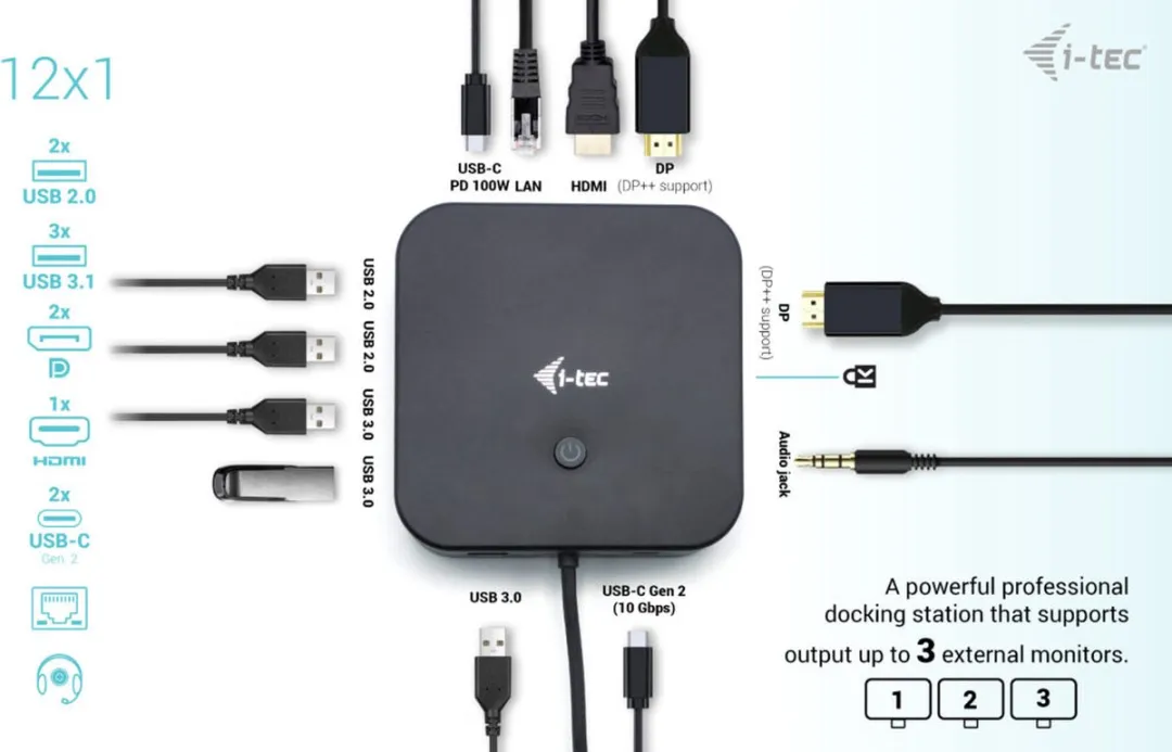 I-tec C31TRI4KDPDPRO100 USB-C Docking Station 100W - 3x 4K - USB4/Thunderbolt - 6x USB - Zwart