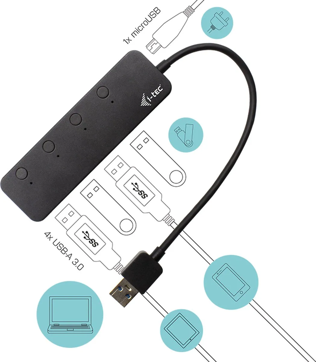 I-tec U3CHARGEHUB4 USB Oplader Hub - 4 Poorten - Zwart