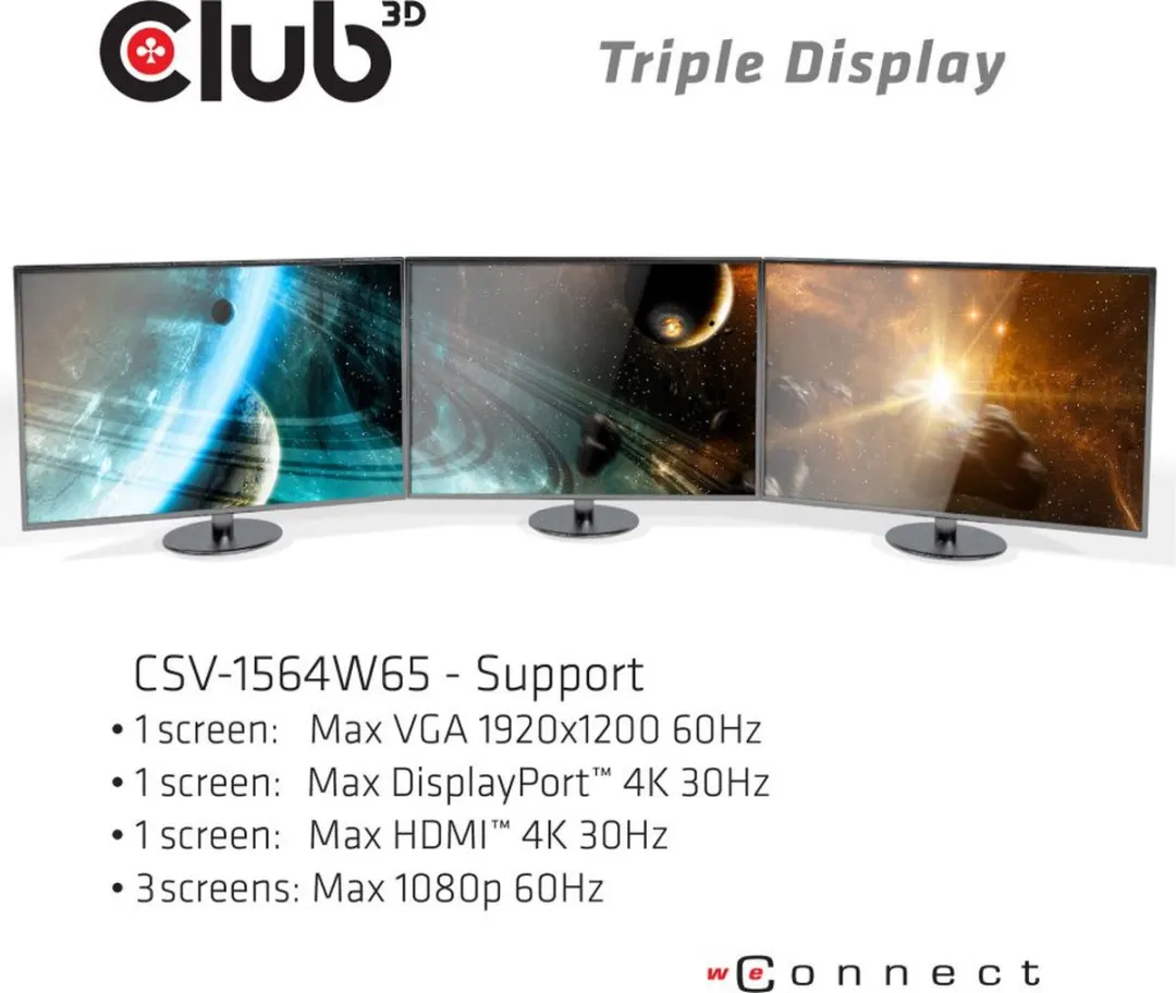 Club3D CSV-1564W65 USB-C Triple Display Dockstation 65W - Zwart