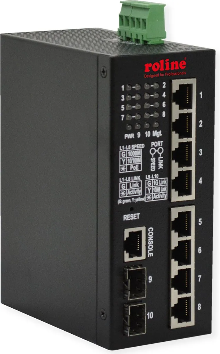 Roline Industriële Gigabit Switch 10 Poorten PoE+ 240W - Zwart - afbeelding 2 van 3
