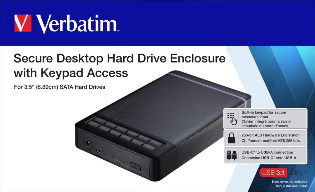 Verbatim Secure Enclosure Kit 53405 - 3,5" USB-C Behuizing - Zwart - afbeelding 6 van 6