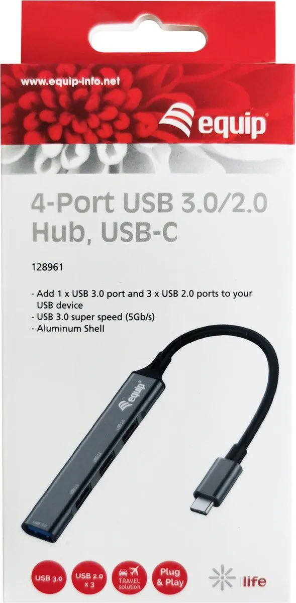 Equip 128961 USB-hub 4 Poorten USB-A 3.1 - Zwart/Grijs