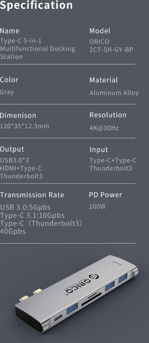 ORICO ORI-2CT-5H-GY USB-C Hub 5-in-1 - 3x USB 3.0, HDMI 4K@30Hz - 100W PD - Sky grey - afbeelding 6 van 6