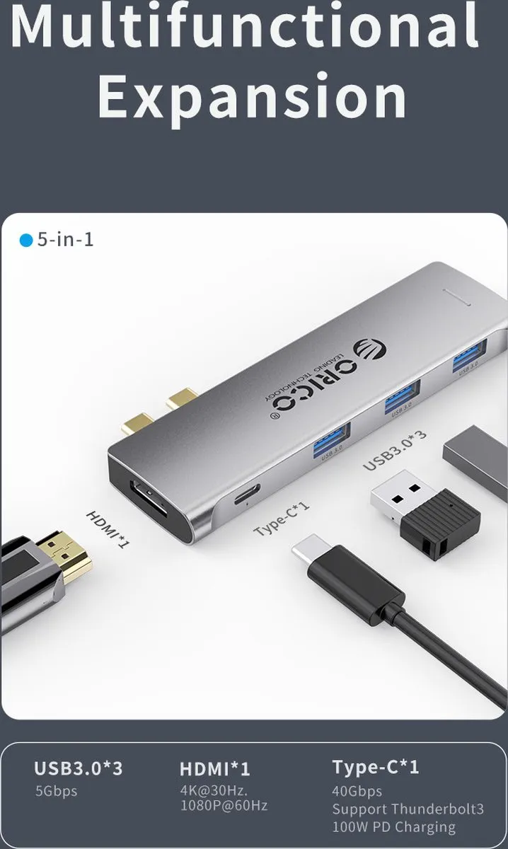 ORICO ORI-2CT-5H-GY USB-C Hub 5-in-1 - 3x USB 3.0, HDMI 4K@30Hz - 100W PD - Sky grey