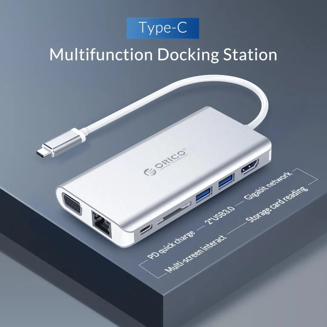 ORICO ORI-XC-304-SV USB-C Hub 8-in-1 - HDMI, USB 3.0, RJ45, SD - Zilver