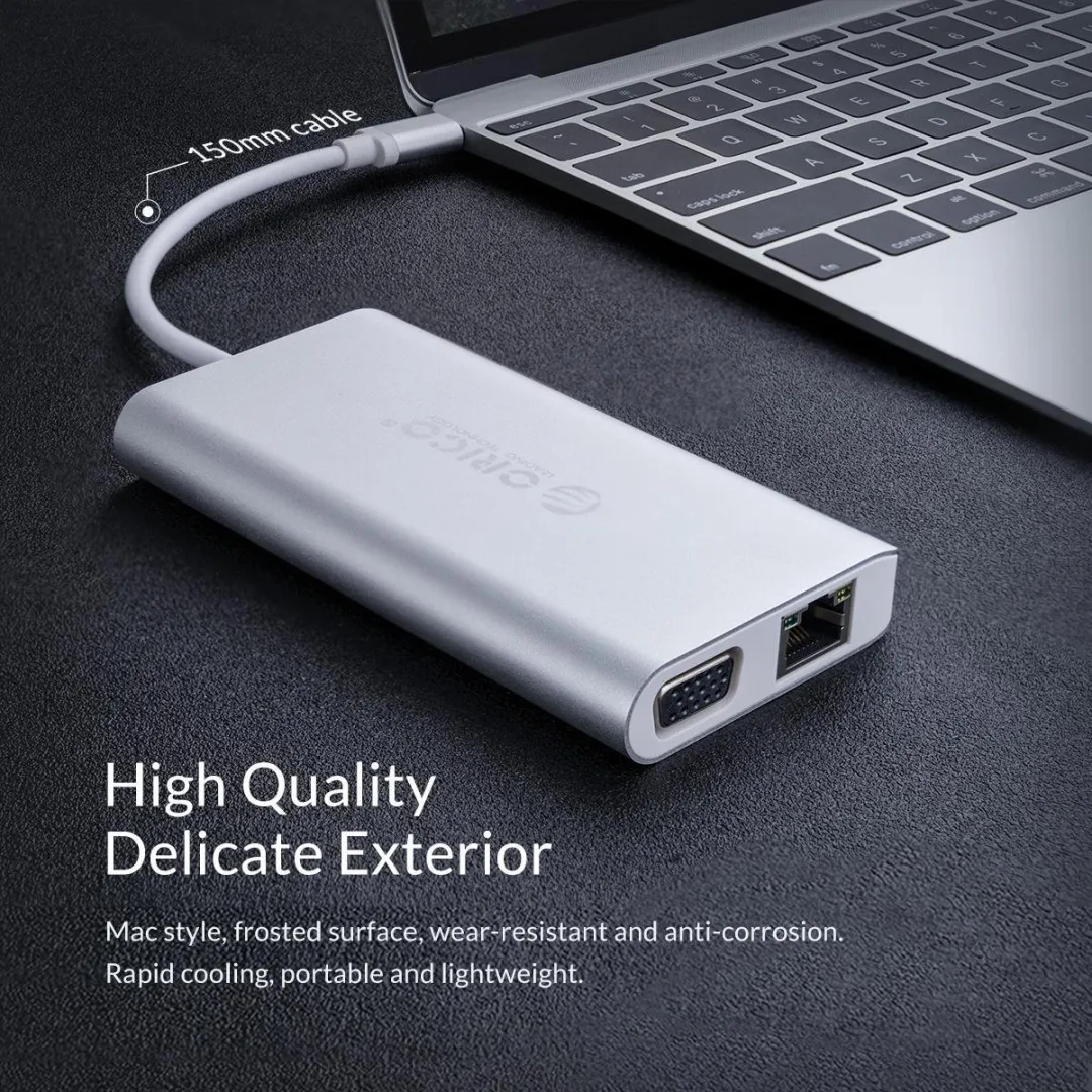 ORICO ORI-XC-304-SV USB-C Hub 8-in-1 - HDMI, USB 3.0, RJ45, SD - Zilver