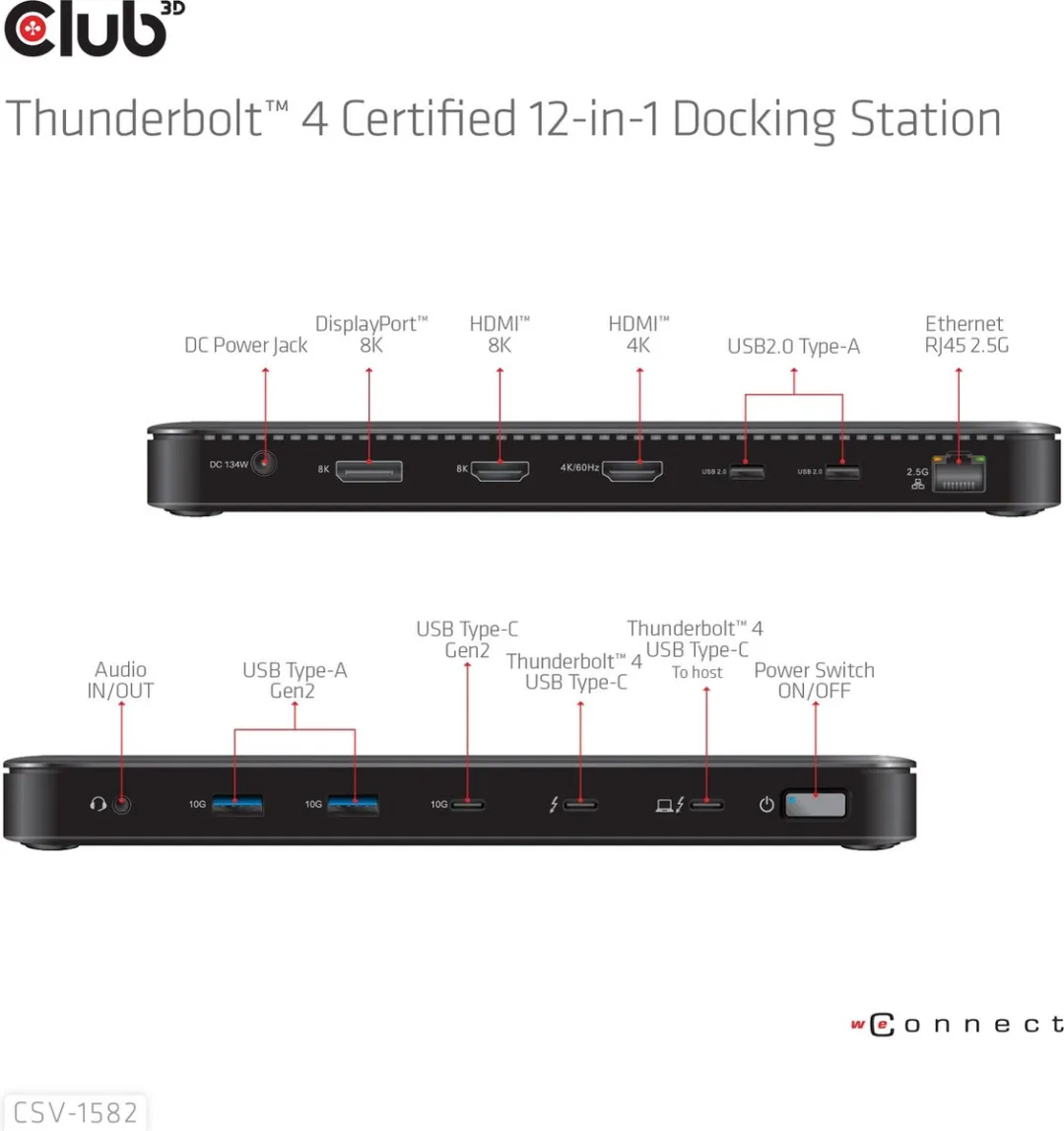 Club3D CSV-1582 Thunderbolt 4 Docking Station - 12-in-1 - Zwart