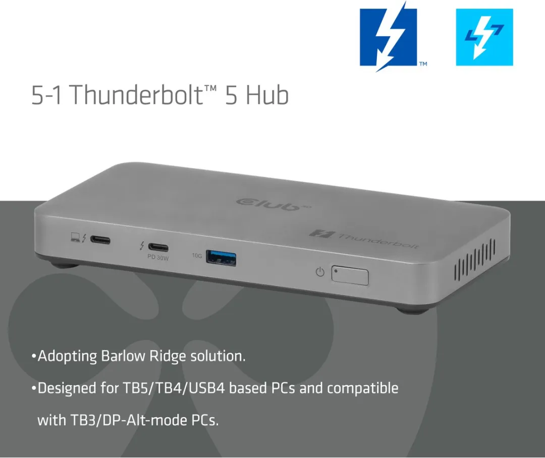 Club 3D 5-1 Thunderbolt™ 5 Hub Triple video 5K60Hz Thunderbolt™ Share Certified 180W
