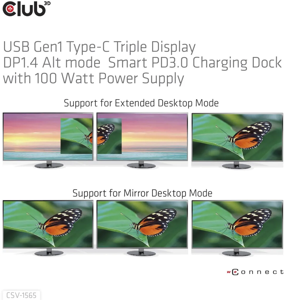 Club 3D USB Gen 1 Type-C-dock met ondersteuning voor drie beeldschermen, DP 1.4 Alt-modus en Smart PD 3.0-oplaadfunctie, inclusief 100 Watt-voeding