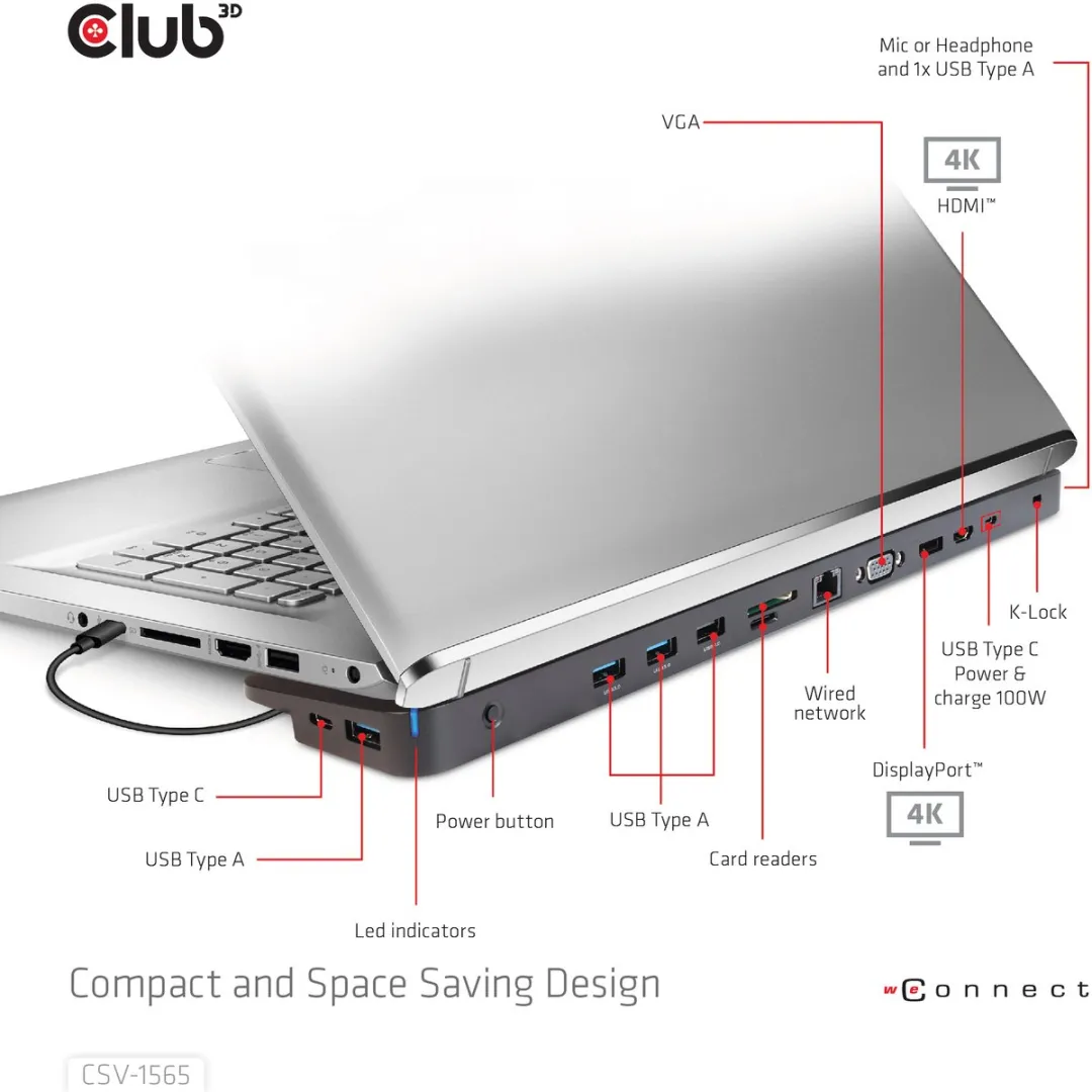 Club3D CSV-1565 USB-C Triple Display Dock - 3x DP1.4 - 100W - Zwart - afbeelding 6 van 6
