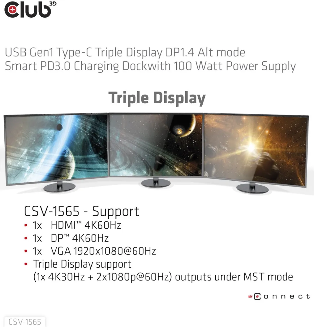Club 3D USB Gen 1 Type-C-dock met ondersteuning voor drie beeldschermen, DP 1.4 Alt-modus en Smart PD 3.0-oplaadfunctie, inclusief 100 Watt-voeding