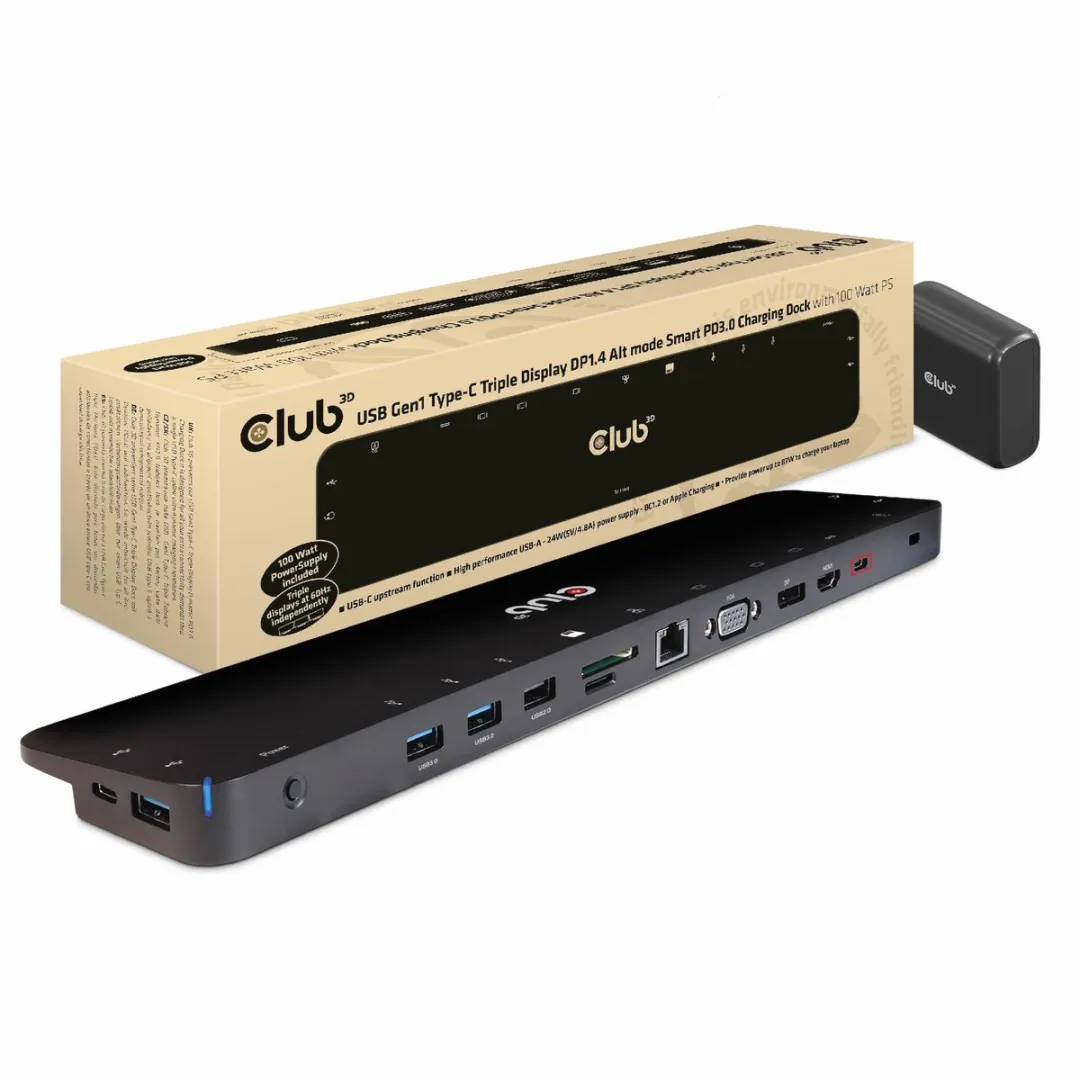 Club 3D USB Gen 1 Type-C-dock met ondersteuning voor drie beeldschermen, DP 1.4 Alt-modus en Smart PD 3.0-oplaadfunctie, inclusief 100 Watt-voeding