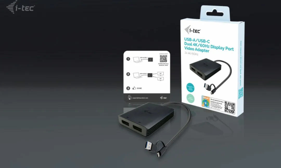 I-tec CADUAL4KDP USB-A/USB-C Dual 4K Video Adapter - Zwart