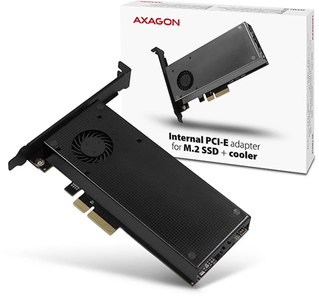 AXAGON PCEM2-DC 2 poorten M.2-controller PCIe x4 Geschikt voor: 2230, 2242, 2260, 2280, 22110 Actieve koeling, Incl. Lo