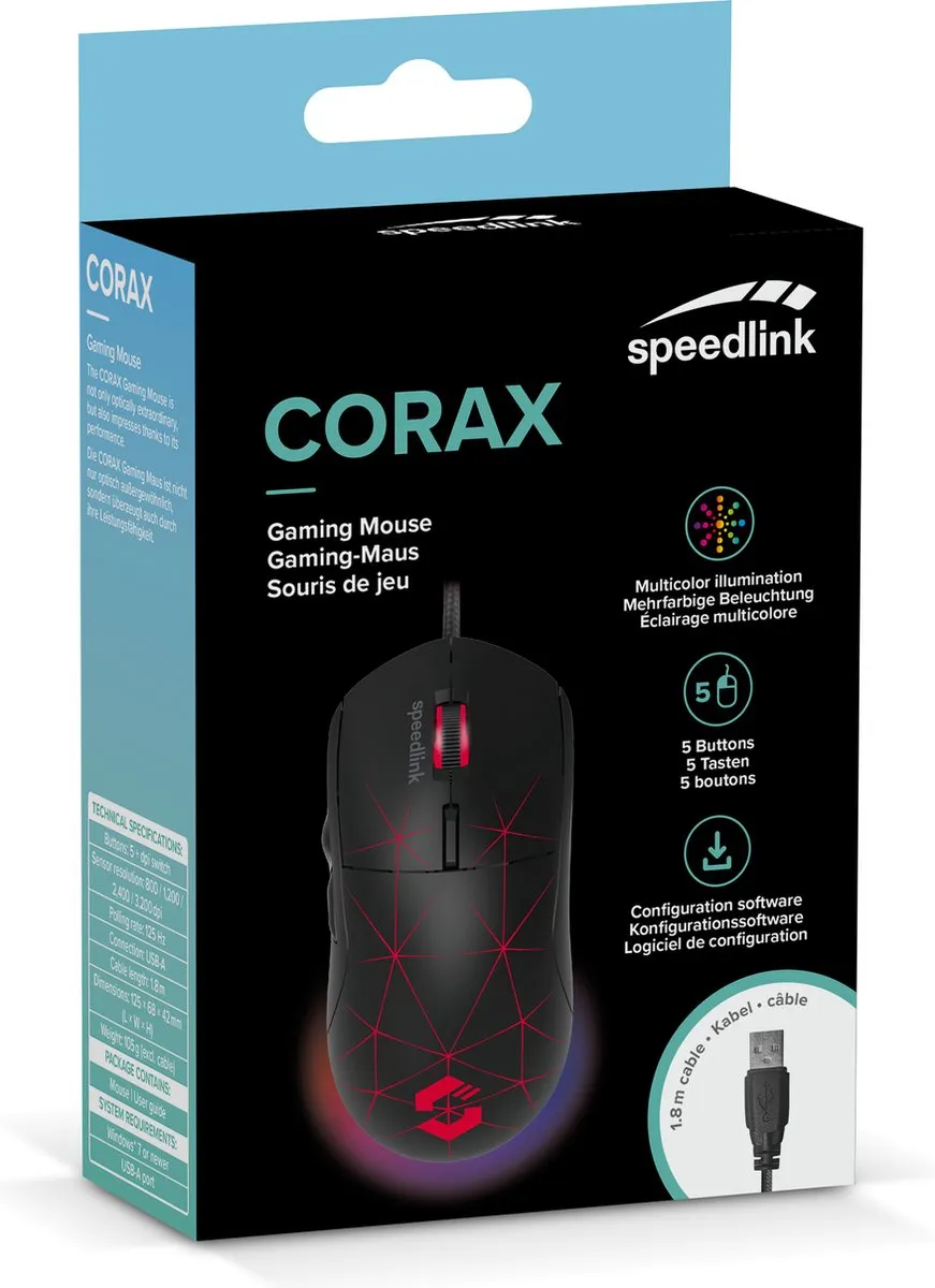 Speedlink CORAX - Gaming Muis - Verlichting - 3.200 DPI + DPI Schakelaar - 5 Configureerbare knoppen