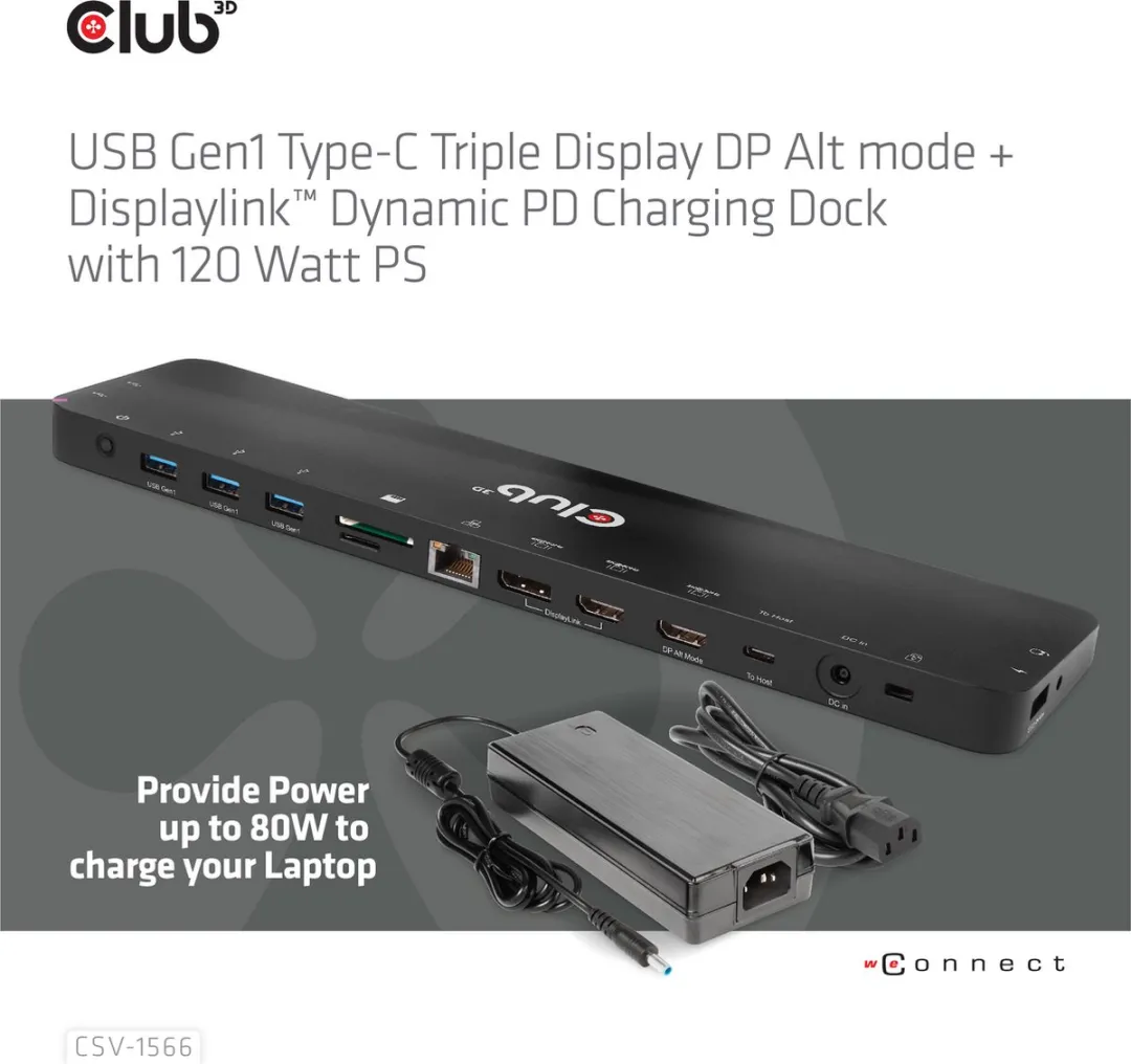 Club3D CSV-1566 USB-C Dock - 3x DisplayPort - 120W - Zwart - afbeelding 3 van 6