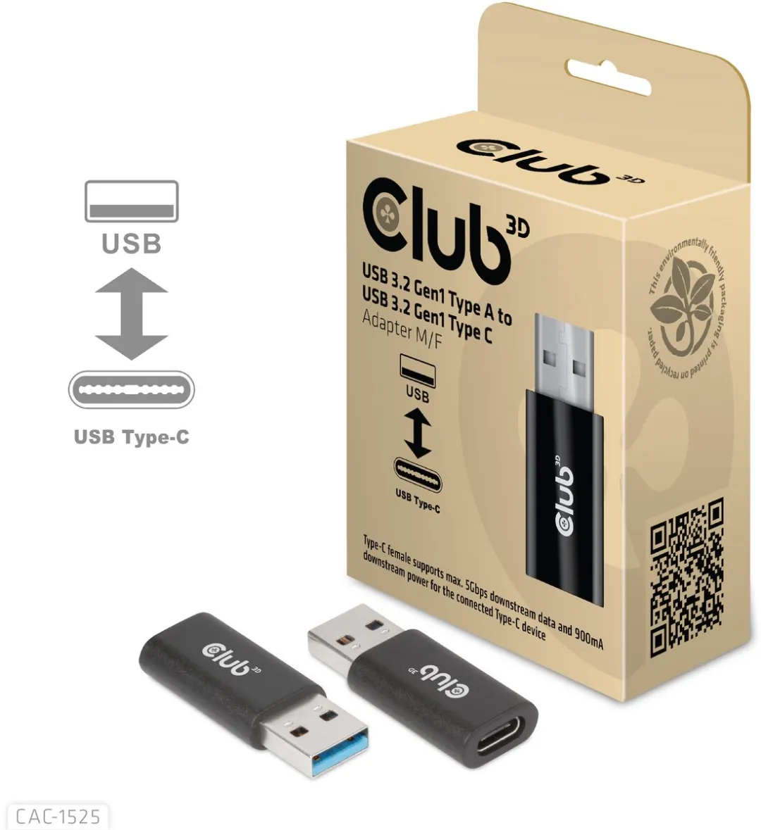 Club3D CAC-1525 USB-A naar USB-C Adapter - 5Gbps - Zwart - afbeelding 6 van 6