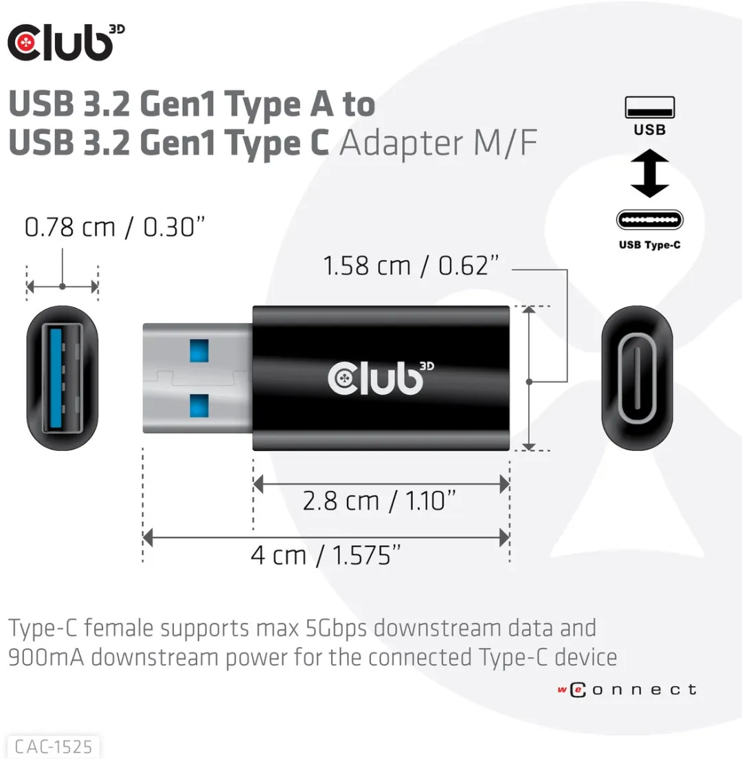 Club3D CAC-1525 USB-A naar USB-C Adapter - 5Gbps - Zwart