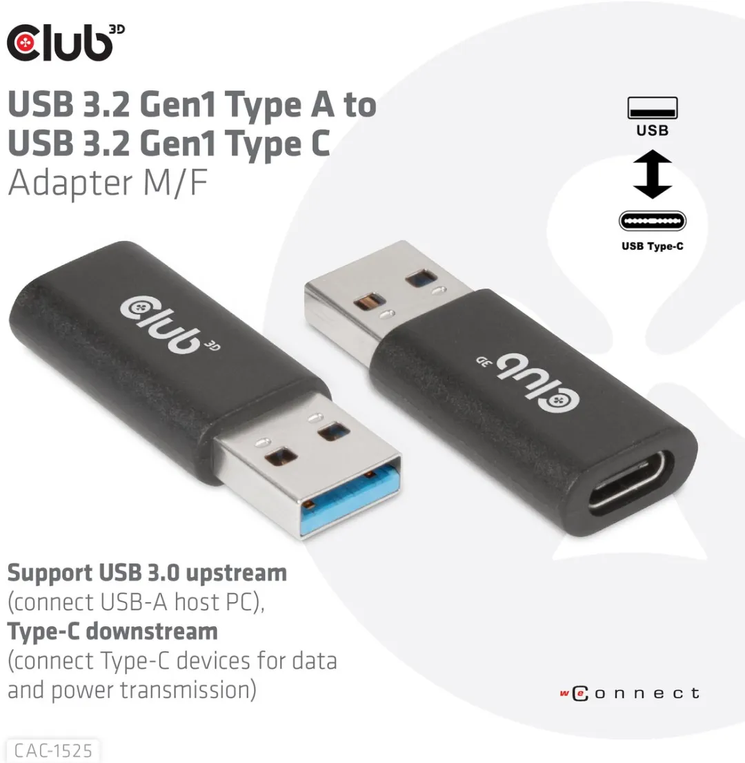 Club3D CAC-1525 USB-A naar USB-C Adapter - 5Gbps - Zwart