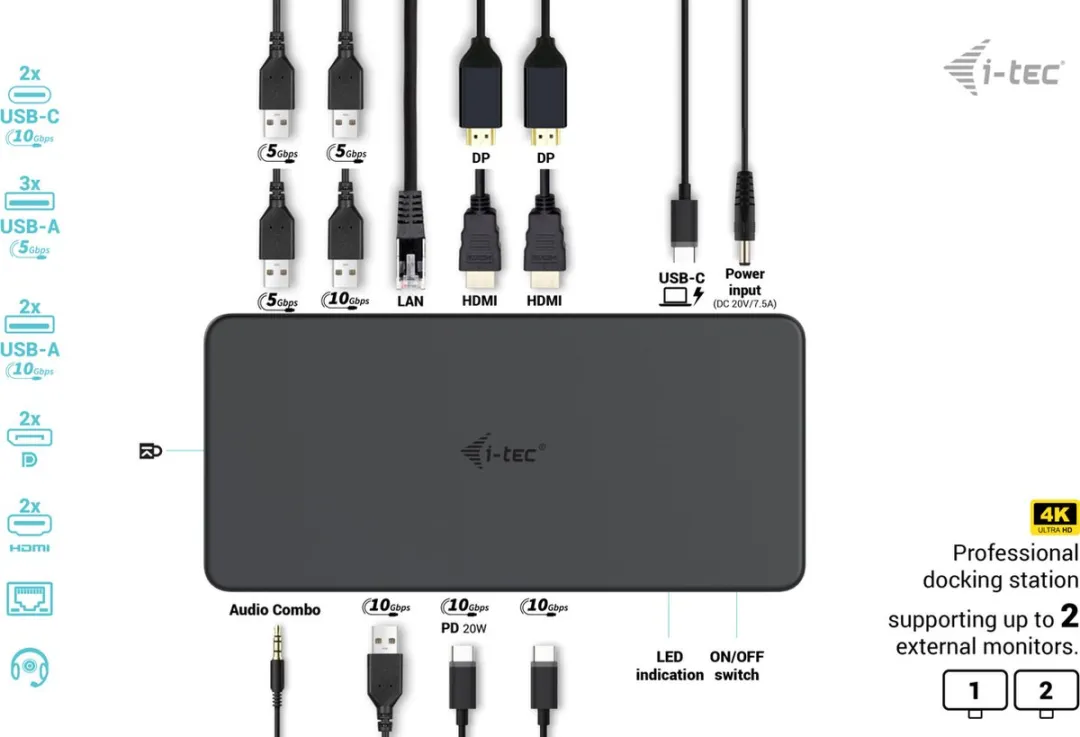 I-tec CADUAL4KDOCKPD2 Universal Docking Station - 2x HDMI/DP - Zwart - afbeelding 6 van 6