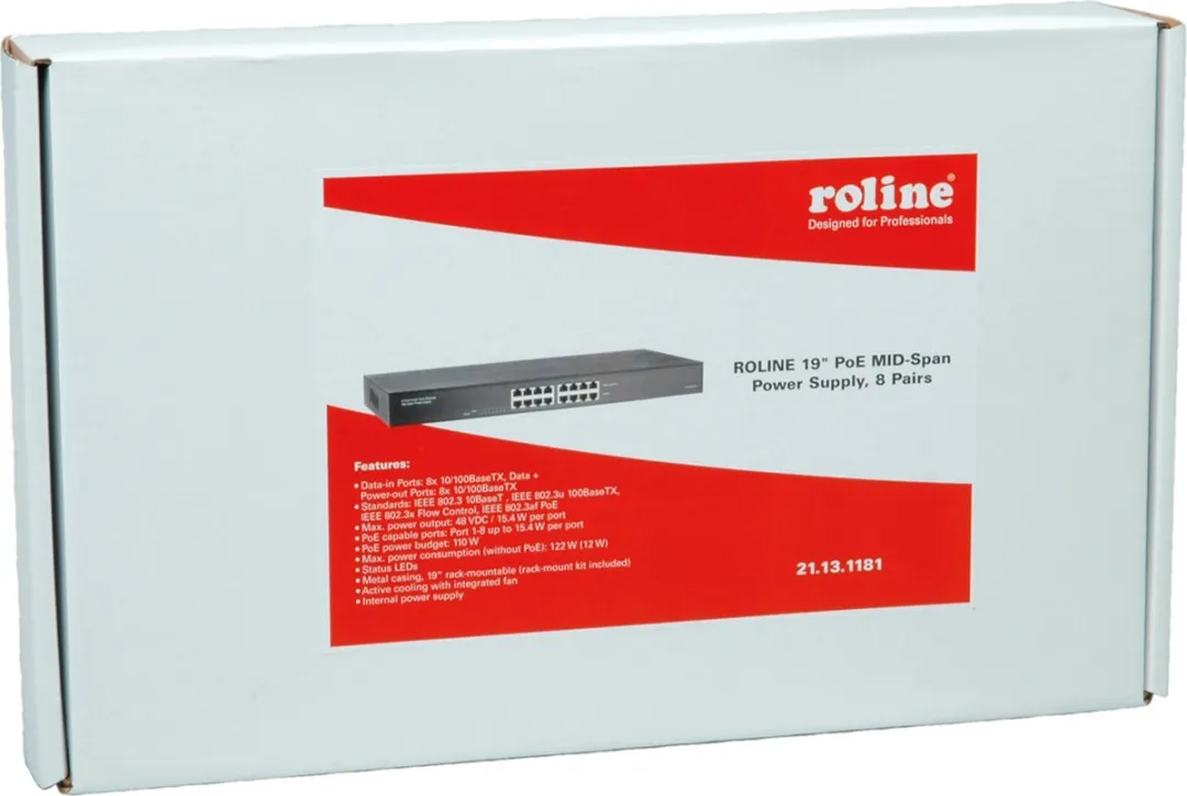 Roline 19" Fast Ethernet PoE Mid-Span Injector 8 Poorten - 110W - Zwart - afbeelding 3 van 6
