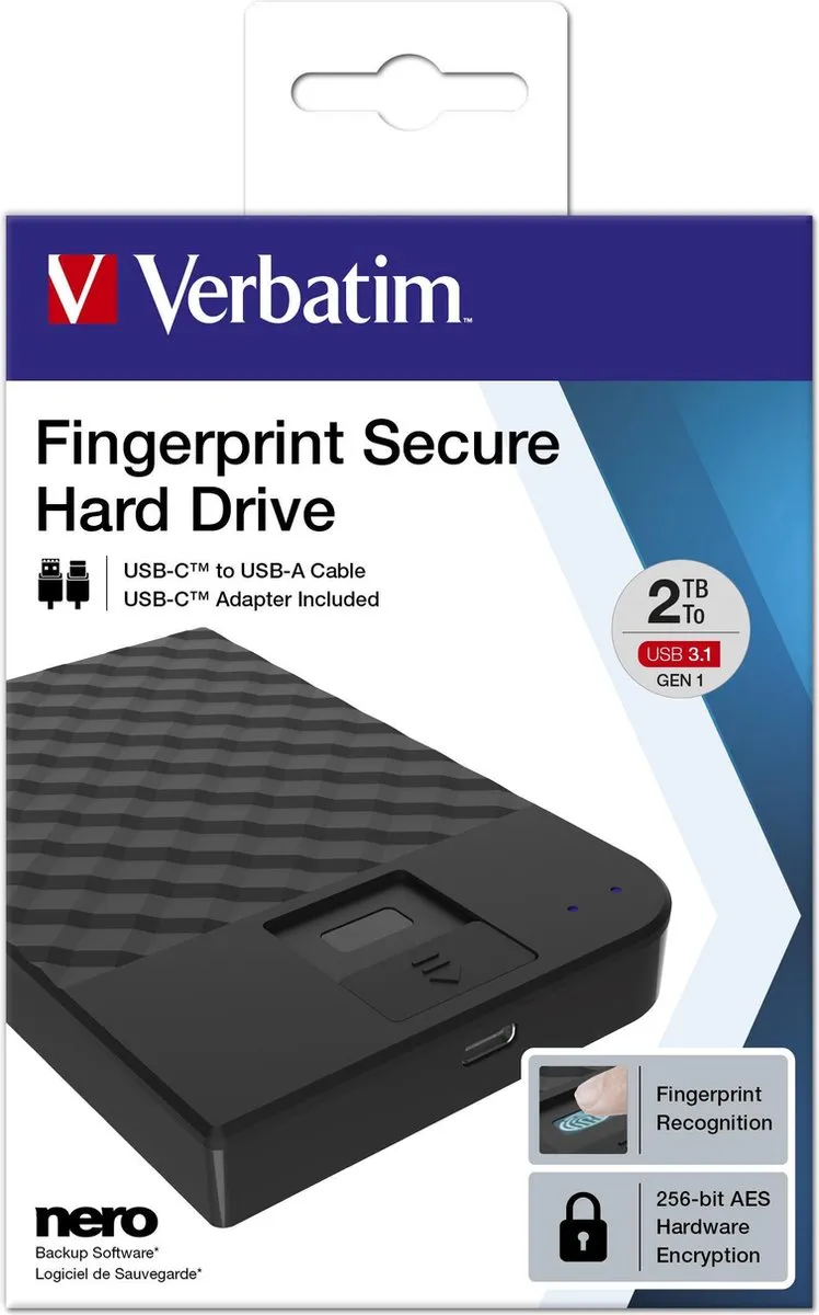 Verbatim Fingerprint Secure 2TB Externe Harde Schijf - Zwart