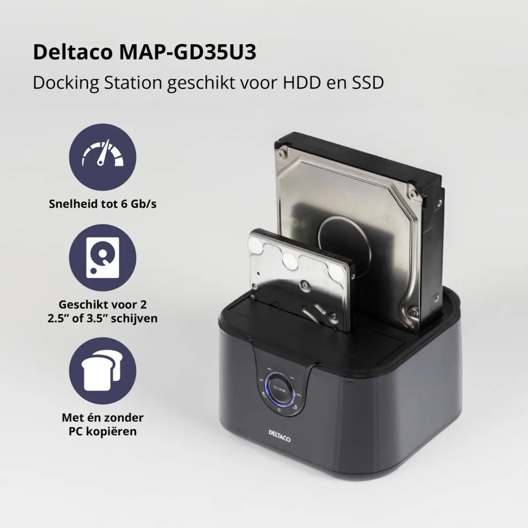 Deltaco MAP-GD35U3 Dockingstation 2x SATA USB 3.0 - Zwart