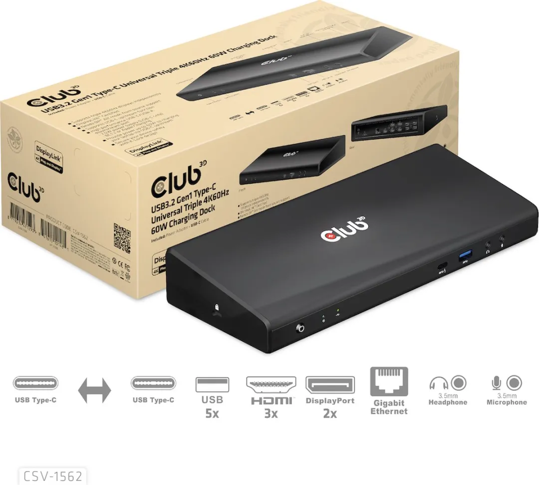 Club 3D USB-C®5Gbps Universal Triple 4K Charging Dock