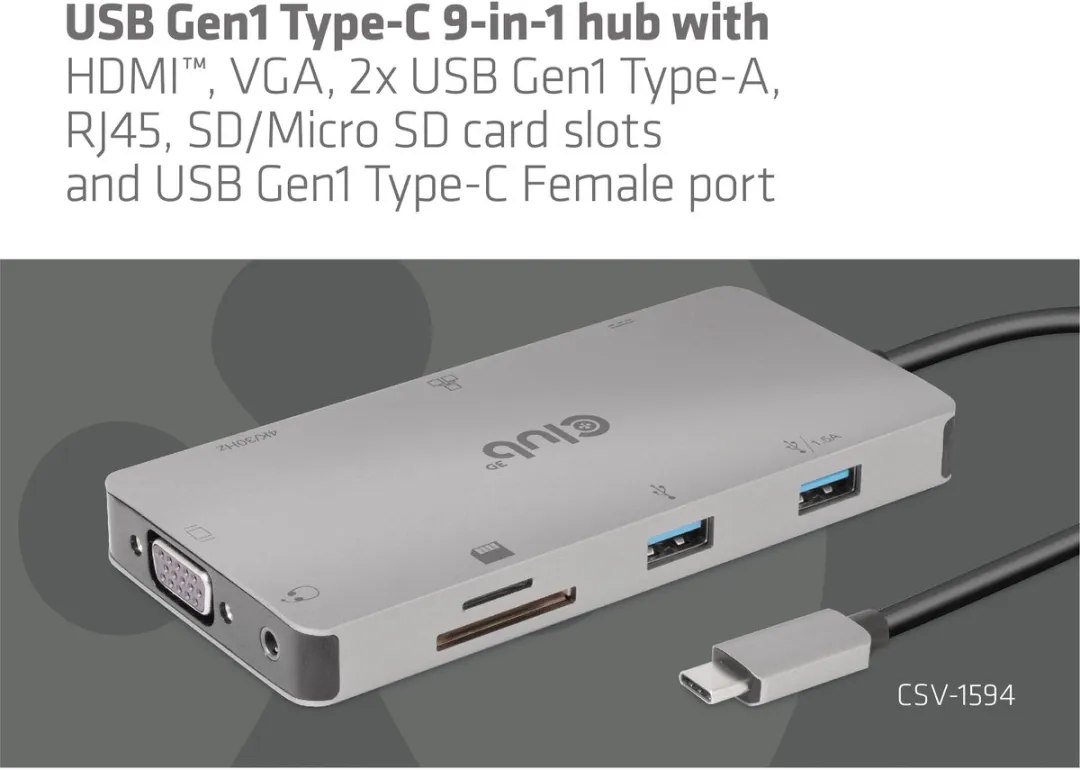 Club3D CSV-1594 USB-C 9-in-1 Hub - Zilver