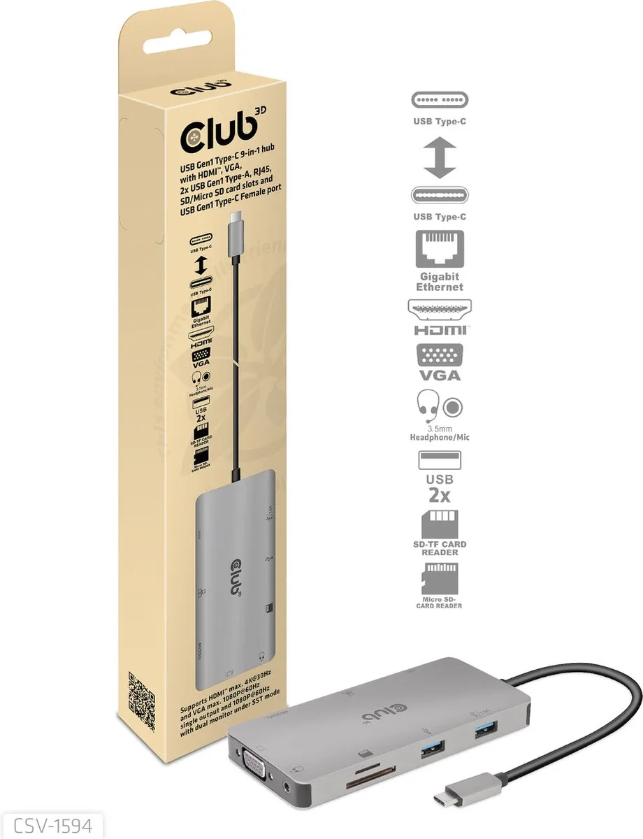 Club3D CSV-1594 USB-C 9-in-1 Hub - Zilver