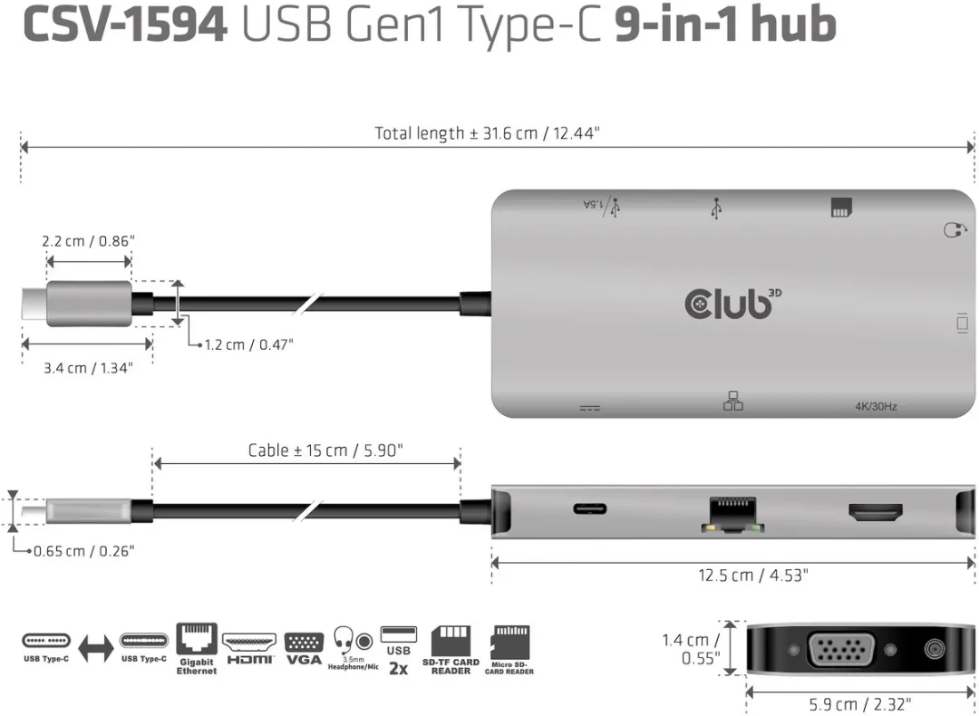 Club3D CSV-1594 USB-C 9-in-1 Hub - Zilver