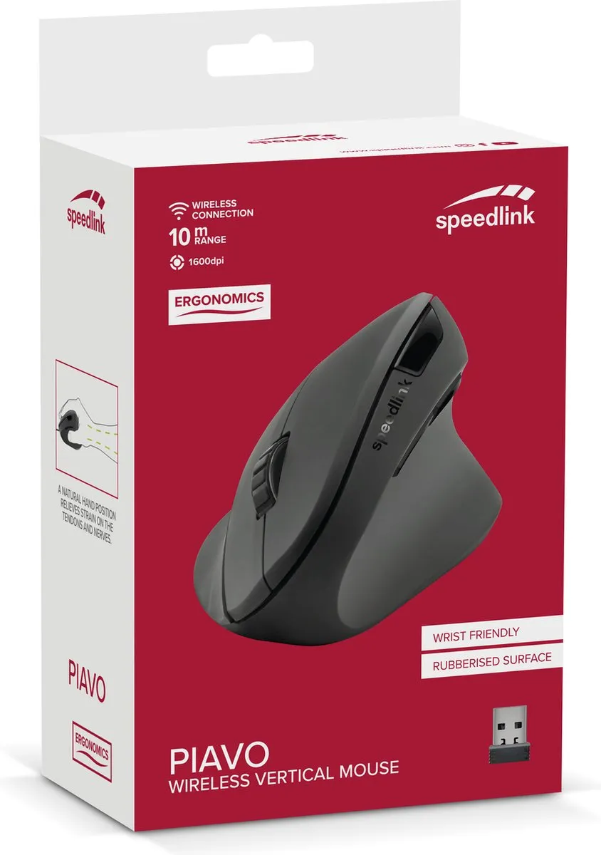 Speedlink PiaVO SL-630019-RRBK Verticale Muis - Draadloos - Zwart