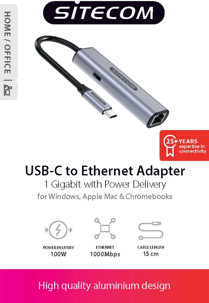 Sitecom AD-1020 USB-C naar RJ45 Adapter - 100W Power Delivery - Zilver