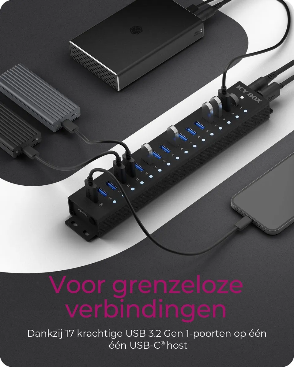 Icy Box IB-HUB1717-U3 USB-Hub 16 Poorten - Zwart - afbeelding 4 van 6