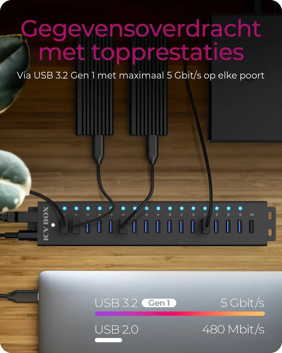 Icy Box IB-HUB1717-U3 USB-Hub 16 Poorten - Zwart - afbeelding 5 van 6