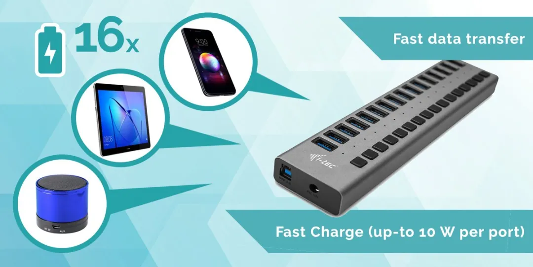 I-tec USB Oplader 16 Poorten 90W U3CHARGEHUB16 - Zwart