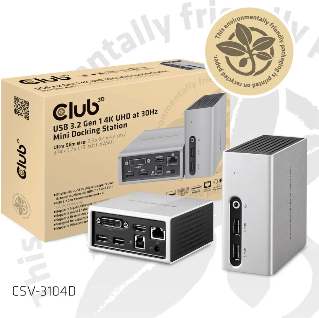 Club3D CSV-3104D USB-A Mini Docking Station 4K 30Hz - Tweekleurig